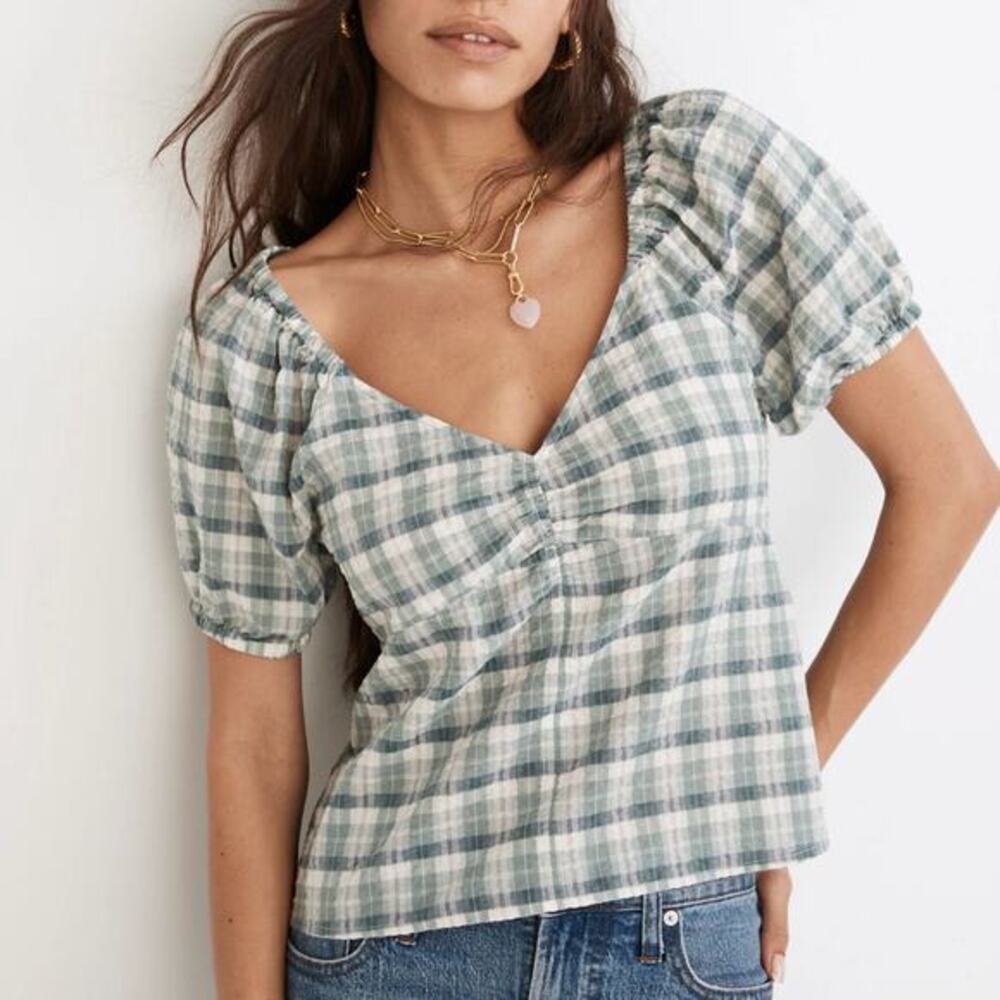 New! Madewell Plaid Puff-Sleeve Ruched Bodice Top, women's size XS